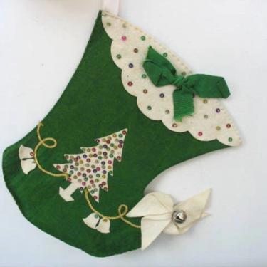 Vintage Felt Christmas Stocking Handmade Beaded Sequined Christmas Tree Hand Sewn Elf Boot 