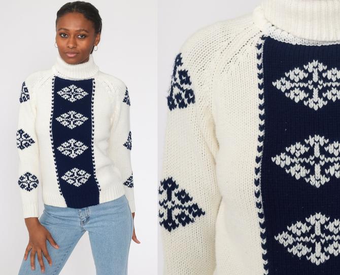 White Turtleneck Sweater Blue Geometric Sweater 80s Ski Sweater Raglan Shop Exile Tucson AZ