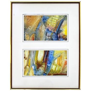 Mid Century Modern Framed Abstract Encaustic Mixed Media Diptych Signed L. Biro 