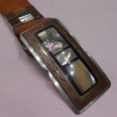 Vintage Belt Extender Carved Abalone Brass Buckle Western Style Leather Engraved Design Keeper Loops Southwestern Style Cowboy Cowgirl Chic 