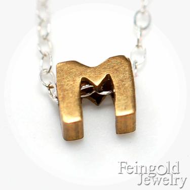 M - Tiny Initial Necklace - Vintage Brass Pendant on Sterling Silver Chain - Free US Shipping 