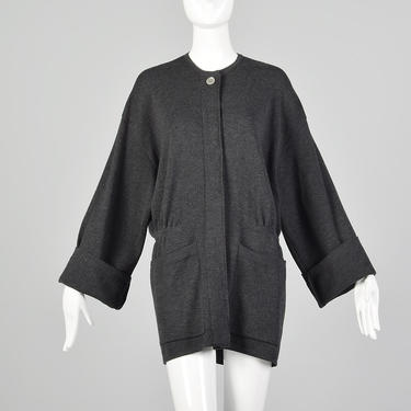 Large Donna Karen 1980s Gray Sweater Oversized Designer Charcoal Cardigan Pockets  80s 