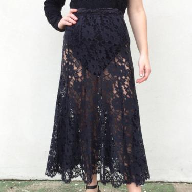 1970s black lace trumpet style midi skirt 