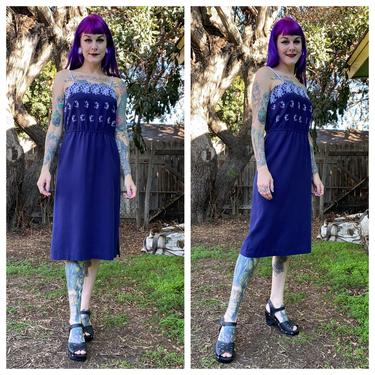 Vintage 1970’s Navy Blue Dress with White Embroidery 