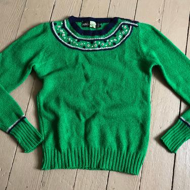 Vintage Handmade outlets M Green Ivory Irish Fair Isle Wool Sweater Ski Collar Cottage