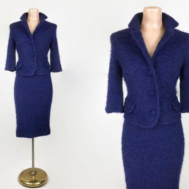 VINTAGE 1960s Navy Blue Mohair Dress Suit  | 1950s  Pencil Skirt and Jacket Set | 60s Jackie O Style Outift | Mitzi Morgan, Neusteters 
