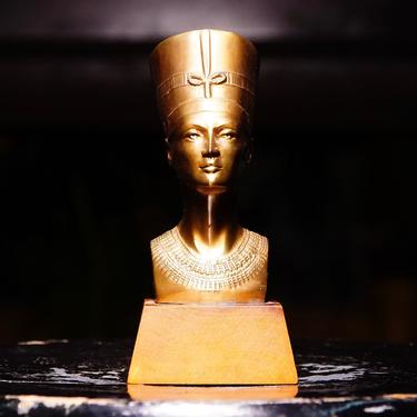 Vintage Egyptian Nefertiti Lacquered Brass Bust On Wood Base, Miniature Brass Figure Statue, Decorative Egyptian Tabletop Ornament, 5 1/2&quot; H 
