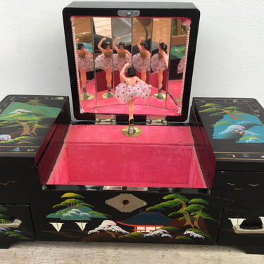 Vintage Japanse Jewelry Box, Black Lacquer Music Box, Asian Jewel Box With Twirling Ballerina 