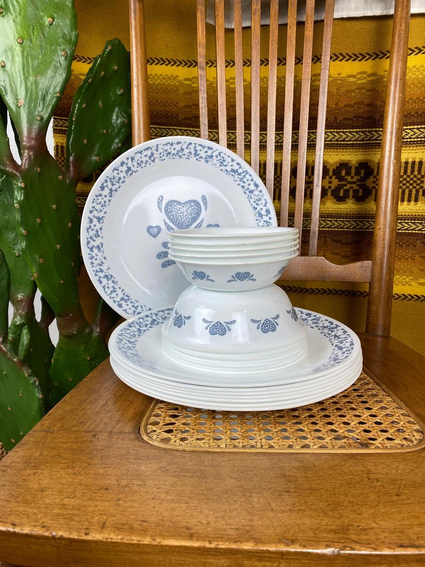 Set of 17 Vintage Corelle Blue Hearts Dinner Plates and Bowls Desert Cactus Vintage Portland OR