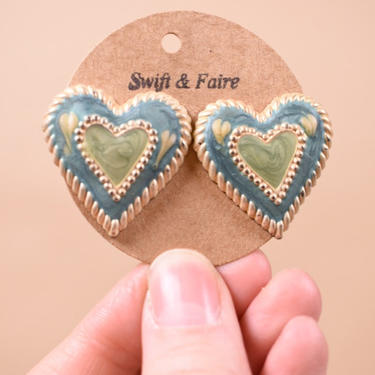 Metallic Blue & Green Marbled Heart Earrings