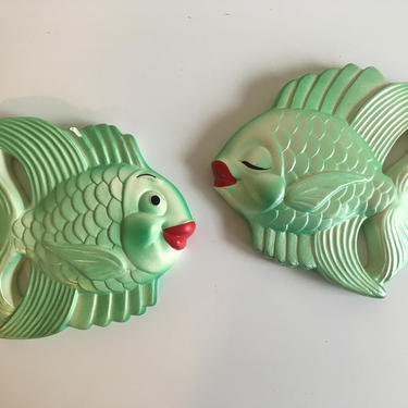 Vintage Chalkware Fish Wall Hanging Set of Two (2) Miller Studio 1954 1950s Chalk Plaster Plaques Green Aqua 