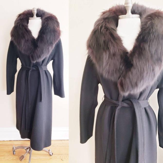 1970s Black Wool Wrap Coat Fox fur Collar / 70s Winter