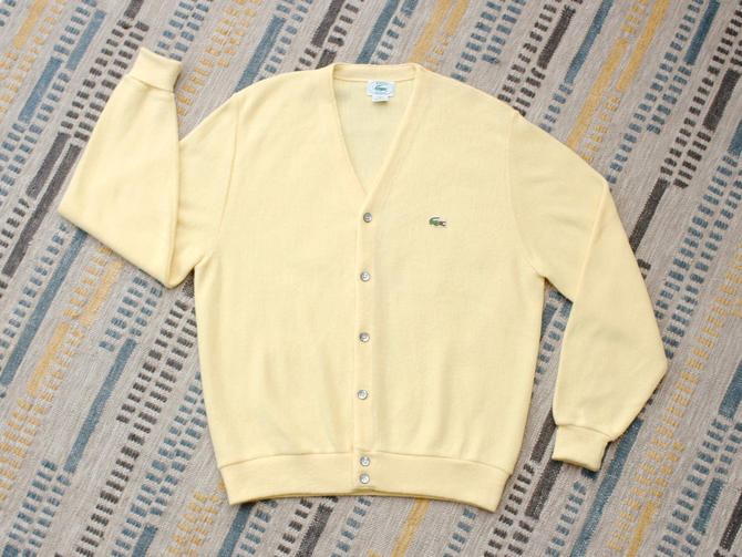 1980s Mens Izod Lacoste Cardigan - Pastel Yellow Knit Grandpa Sweater - L by SecondShiftVintage from Second Shift Vintage of Chicago, IL | ATTIC