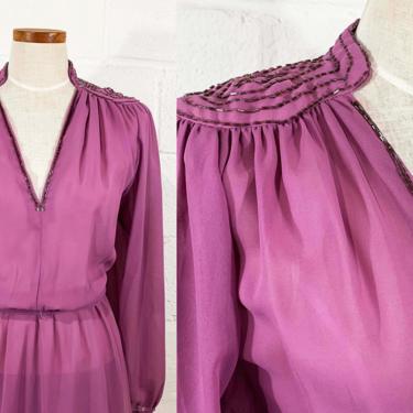 Vintage Purple Dress Argent Fille 70s 1970s Maxi Full Length Formal Beaded Long Sleeve Blousy Peasant Sleeves Party Cocktail Large Medium 