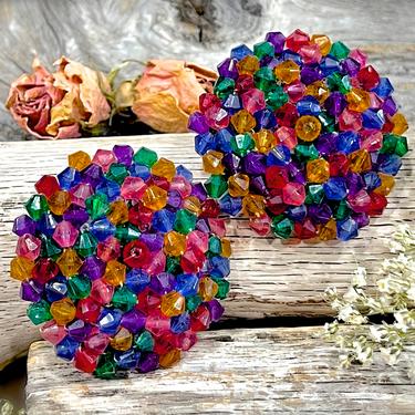 VINTAGE: LARGE Beaded Clip on Earrings - Colorful Acrylic Earrings - Retro Costumes - SKU 34-258-0000437 