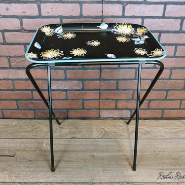Vintage Metal Black and Turquoise Flower and Leaf TV Tray 