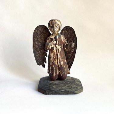 Antique Spanish Colonial Santos Figurine of Kneeling Angel, Gesso Wood & Tin 