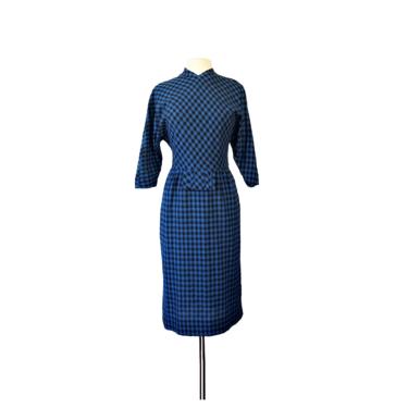 Vintage 50s gingham checkered blue &amp; black wiggle dress by Jeanne Durrell Dallas 