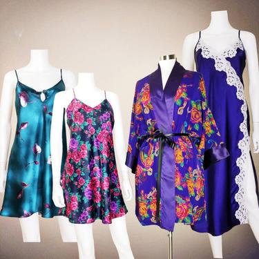 Satin Nightgown Robe Chemise Set, Medium / Exotic Vintage Lingerie Party Bundle / Sexy Nightie Lot of Floral Print Sleepwear Loungewear 
