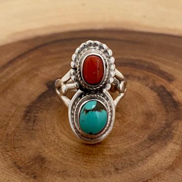 DOUBLE TROUBLE Silver Coral & Turquoise Ring | Vintage Statement Ring | 70's Navajo Style Jewelry | Size 6 1/4 