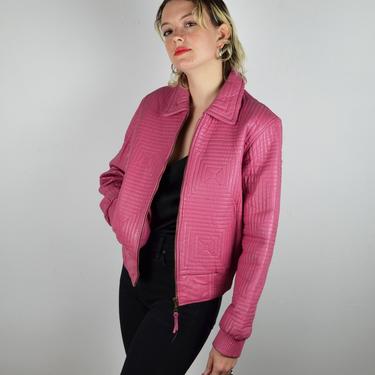 Vintage 80s 90s Quilted Bomber Jacket / Vintage Pink Leather Jacket / 1990s Coat Vintage Quilted Leather Bomber Jacket Women / Small Medium 