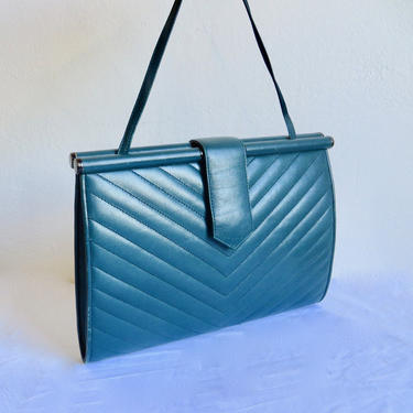 Vintage Teal Green Quilted Leather Purse Large Size Convertible Clutch Shoulder Bag Saks Fifth Avenue 