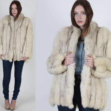 Vintage 80s Cream Arctic Fox Fur Coat, Chubby Real Fur Plush Jacket, Womens Ivory Suede Inlay Fox Jacket 