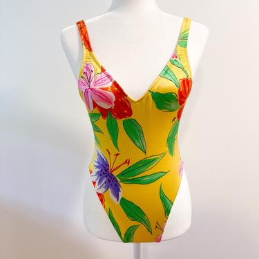 80s Yellow and Floral High Cut One Piece Swimsuit | Extra Small/Small 