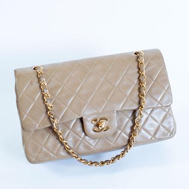 Vintage CHANEL Lambskin Quilted Medium Double Flap in Beige + Gold Caviar 10&quot; CC 90s Minimal Nude Taupe Turnlock Shoulder Crossbody 