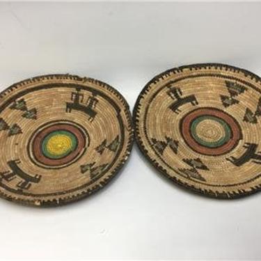 Vintage Set of 2 Nigerian African Hausa Basket Woven Coil Tray Round 12.5&amp;quot; 