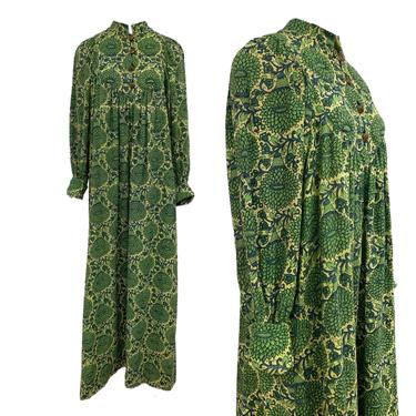 Vtg Vintage 1960s 1970s 70s Quilted Bibbed Indian Block Print Boho Maxi Dress 