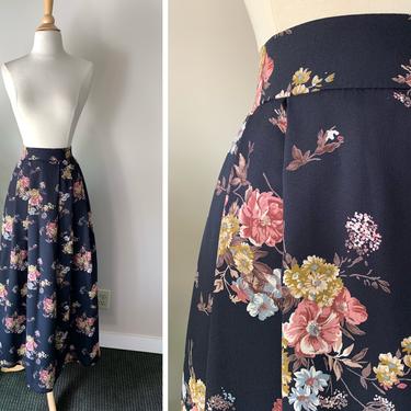Vintage 1990s Midnight Navy Floral Maxi Skirt | Size L/XL 