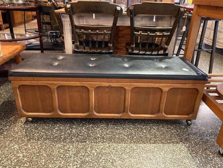 Long low Lane cedar chest, padded top (small tear to Miss Pixies