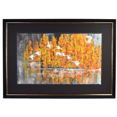 Yongqun Guo Painting Cranes Flying Against Autumn Trees Chinese American artist 