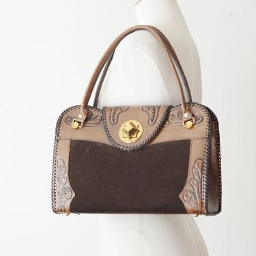 1960s Large Tooled Leather and Suede Bag 