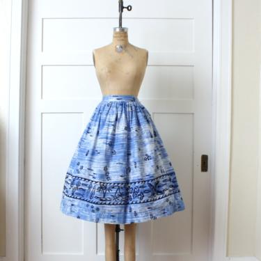 vintage 1950s Hawaiian circle skirt • tropical print cotton skirt in cornflower blue &amp; white 