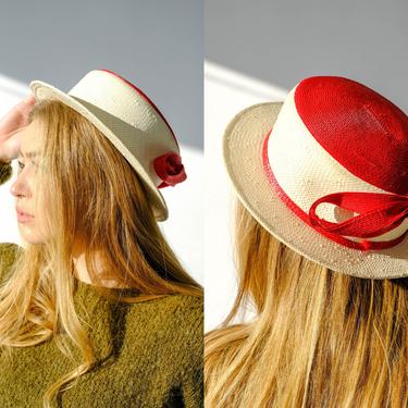 Vintage 90s Frank Olive Natural Straw Short Brim Sun Hat w/ Red Crown & Bow | Opening Day, Pork Pie Style | 1990s Designer Boho Straw Fedora 