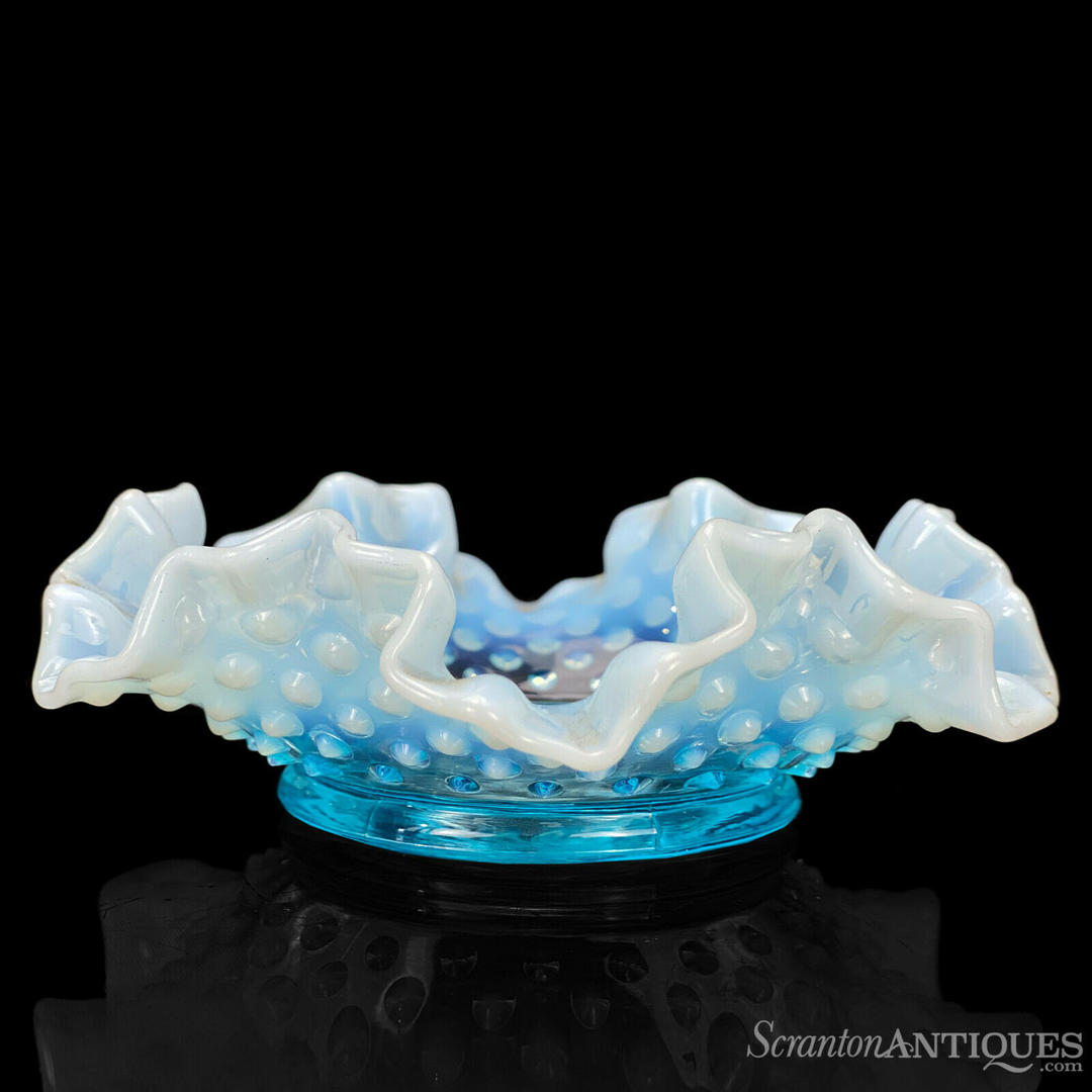 Vintage Fenton Blue Opalescent Glass Hobnail Ruffled Candy Dish Bowl ...