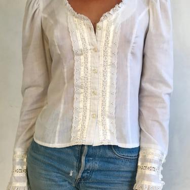 Vintage GUNNE SAX 70s Cream Eyelet Lace Ribbon Blouse - 1970s Puff Long Sleeve Fitted White Jessica’s Gunnies Cotton Cottage Shirt 