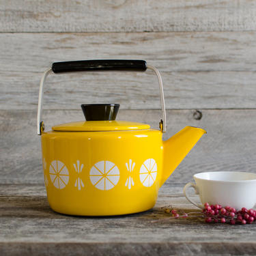Rare Vintage Cathrineholm Enamelware Yellow White Snowflake Design Coffee Teapot Kettle Made in Norway Mid Century - 1950s 
