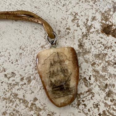Vintage Scrimshaw Necklace Etched Tall Sailing Ship Pendant Leather Cord 