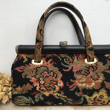 Vintage 60s tapestry needlepoint rug carpet bag purse