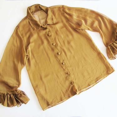 Vintage 90s 2000s Semi Sheer Blouse Large - 2000s Y2k Yellow Gold Button Up Blouse - Wide Ruffle Sleeve Blouse - Sheer Long Sleeve Baggy 