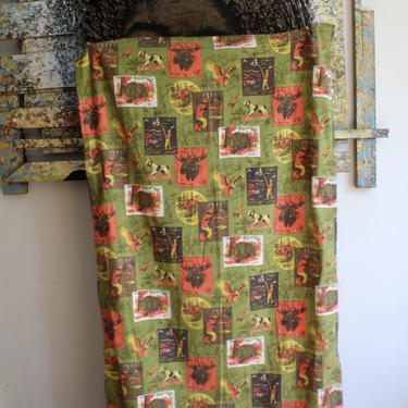 Retro, 60s 70s, Huntsman Outdoorsman Curtain Panel, Lodge, Man Cave, Fishing, Hunting Dogs, Moose Head, Green Orange Brown, MCM 