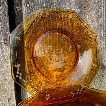 Vintage Ship Plates -- Nautical Plates -- Vintage Nautical Plates -- Orange Glass -- Burnt Orange Glass -- Set of 9 Plates 