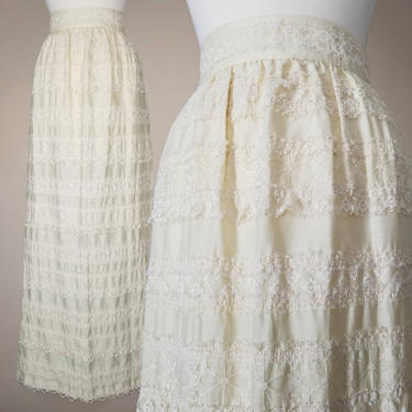 Vintage Lace Maxi Skirt, Small / Lace Overlay Boho Skirt / Long Prairie Skirt / Full Length Walking Skirt / Victorian Inspired Ivory Skirt 