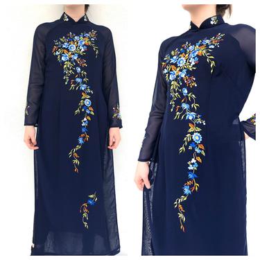 Vintage VTG 1990s 90s Navy Embroidered Vietnamese Ao Dai Sheer Long Sleeve Dress 