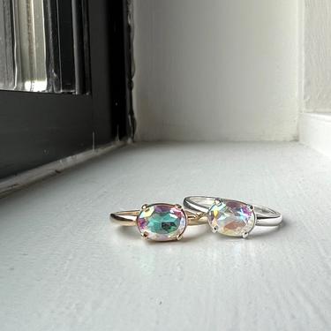 Disco Diamond Ring Alternative Engagement Ring Mercury Mystic Topaz Iridescent 14 Solid Gold or Sterling Silver 8x6mm Prong Low Setting 
