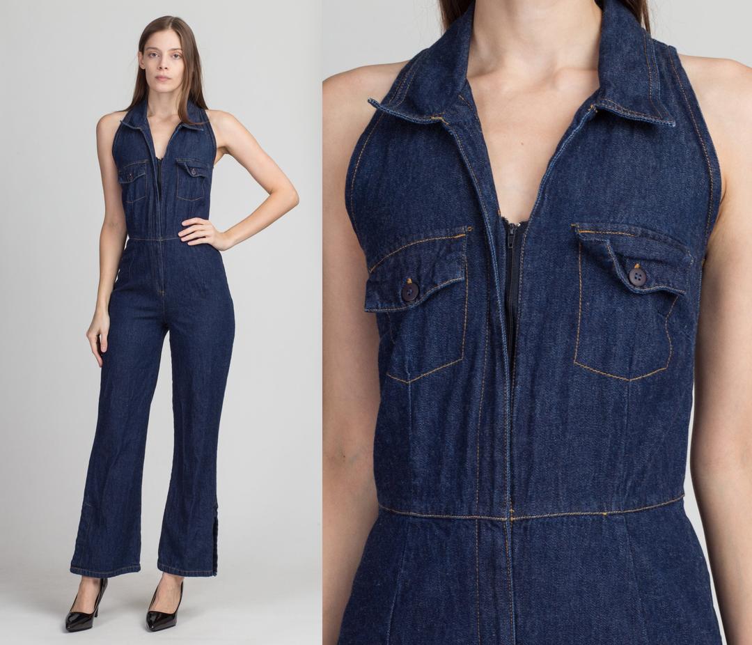 90s Does 70s Denim Jumpsuit - Petite XS to Small, Flying Apple Vintage