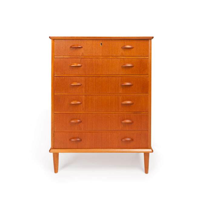 Vintage Danish Mid Century Six Drawer Tallboy W Carved Pulls By